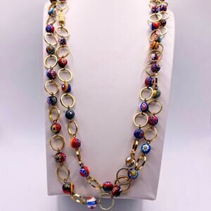 Vintage Italy Murano Millefiori Cane Glass Rounded Bead Necklace 46 inches